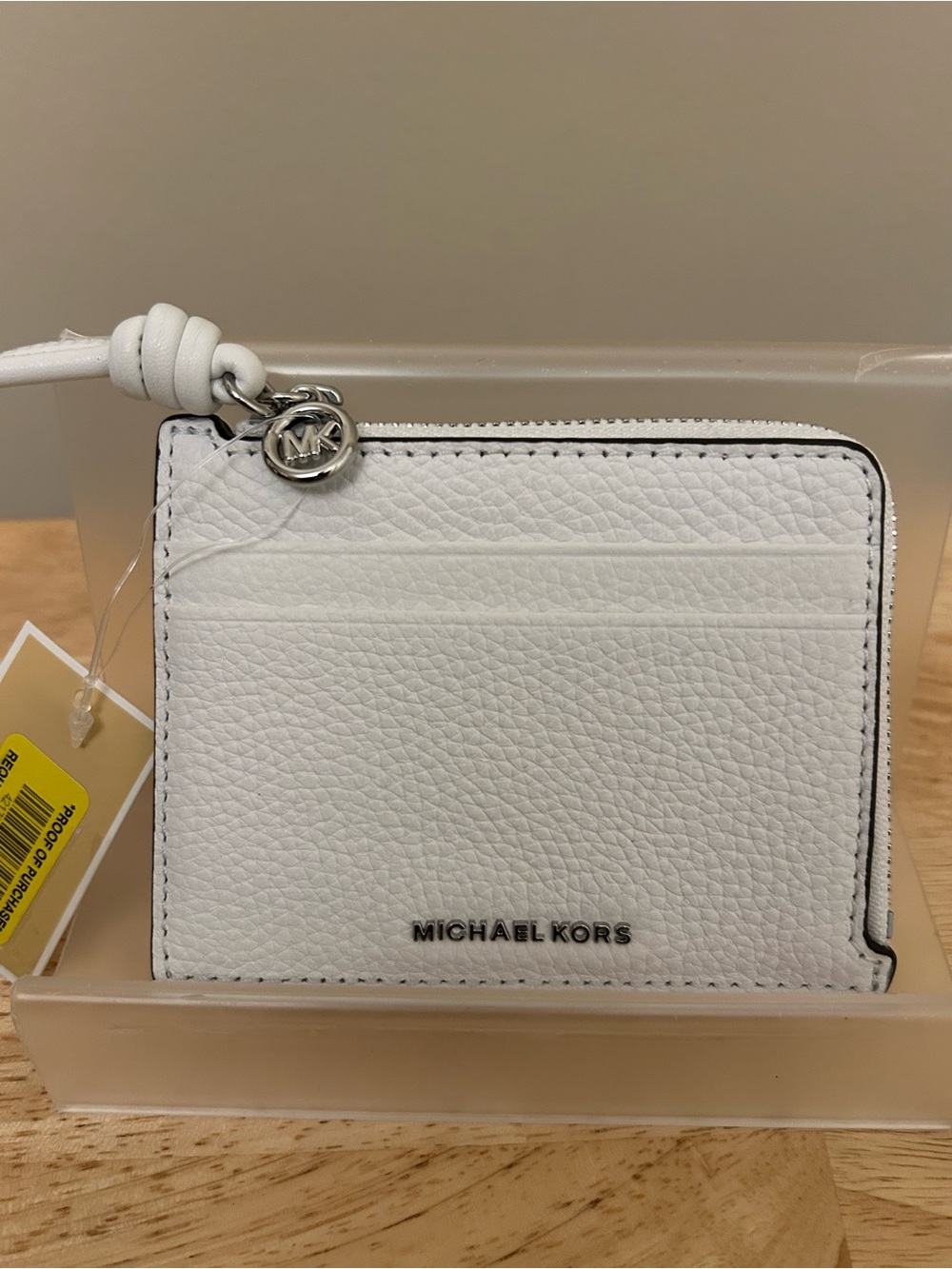 Michael Kors White Pebbled Leather Zip Card Case with MK Charm